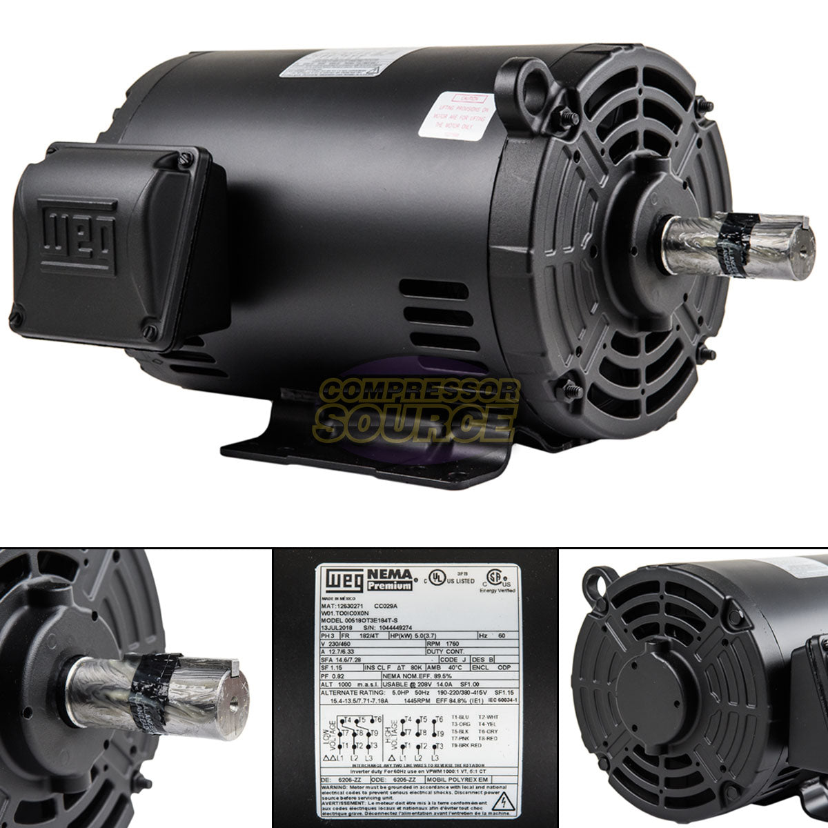 WEG 5 HP 3 Phase Electric Motor 1760 RPM 182/4T Frame 230-460V ODP 00518OT3E184T-S