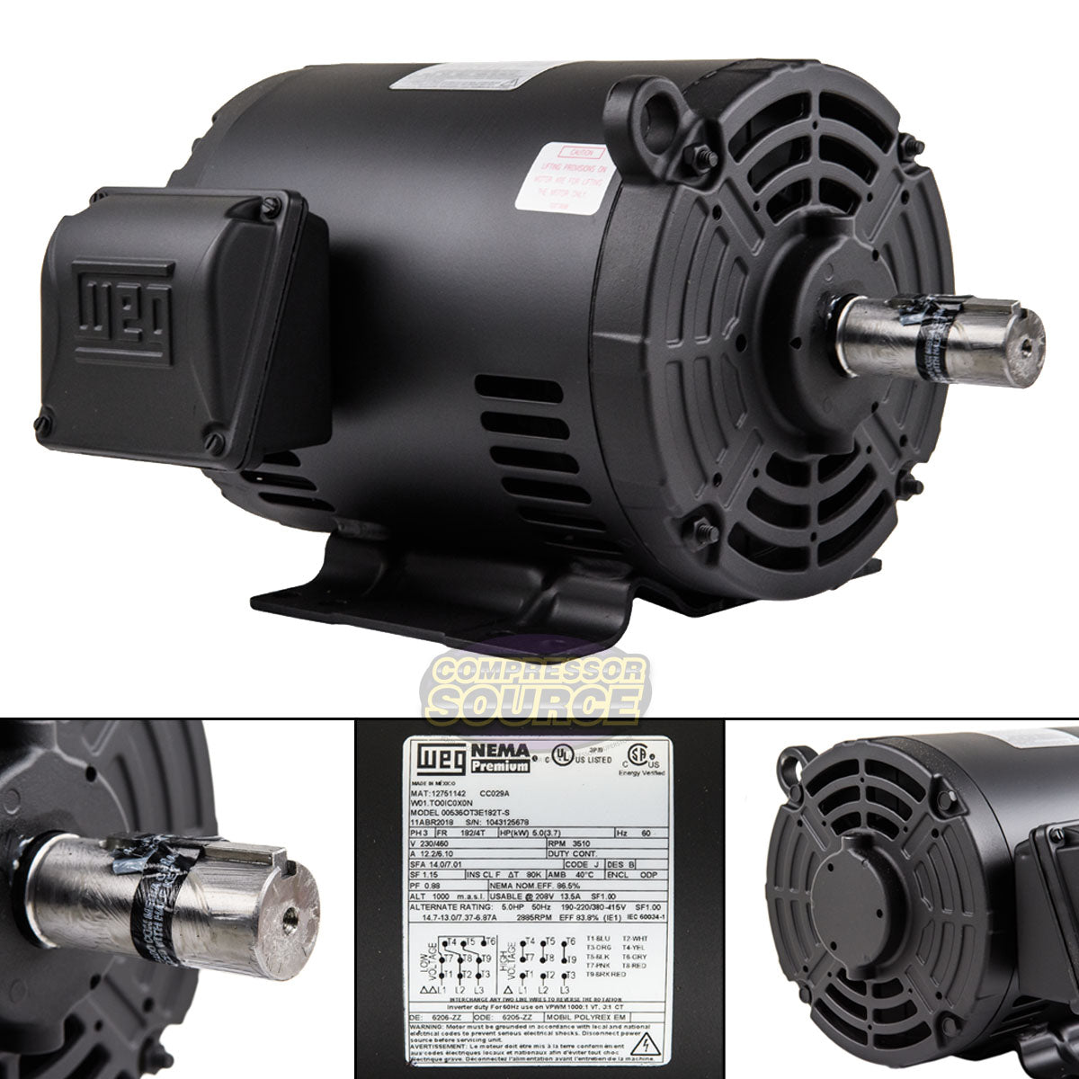 WEG 5 HP 3 Phase Electric Motor 3510 RPM 182/4T Frame 230-460V ODP 00536OT3E182T-S