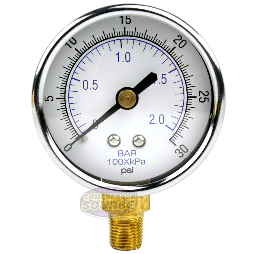 2" Face 1/8" NPT Lower Side Mount Pressure Gauge 0 - 30 PSI WOG