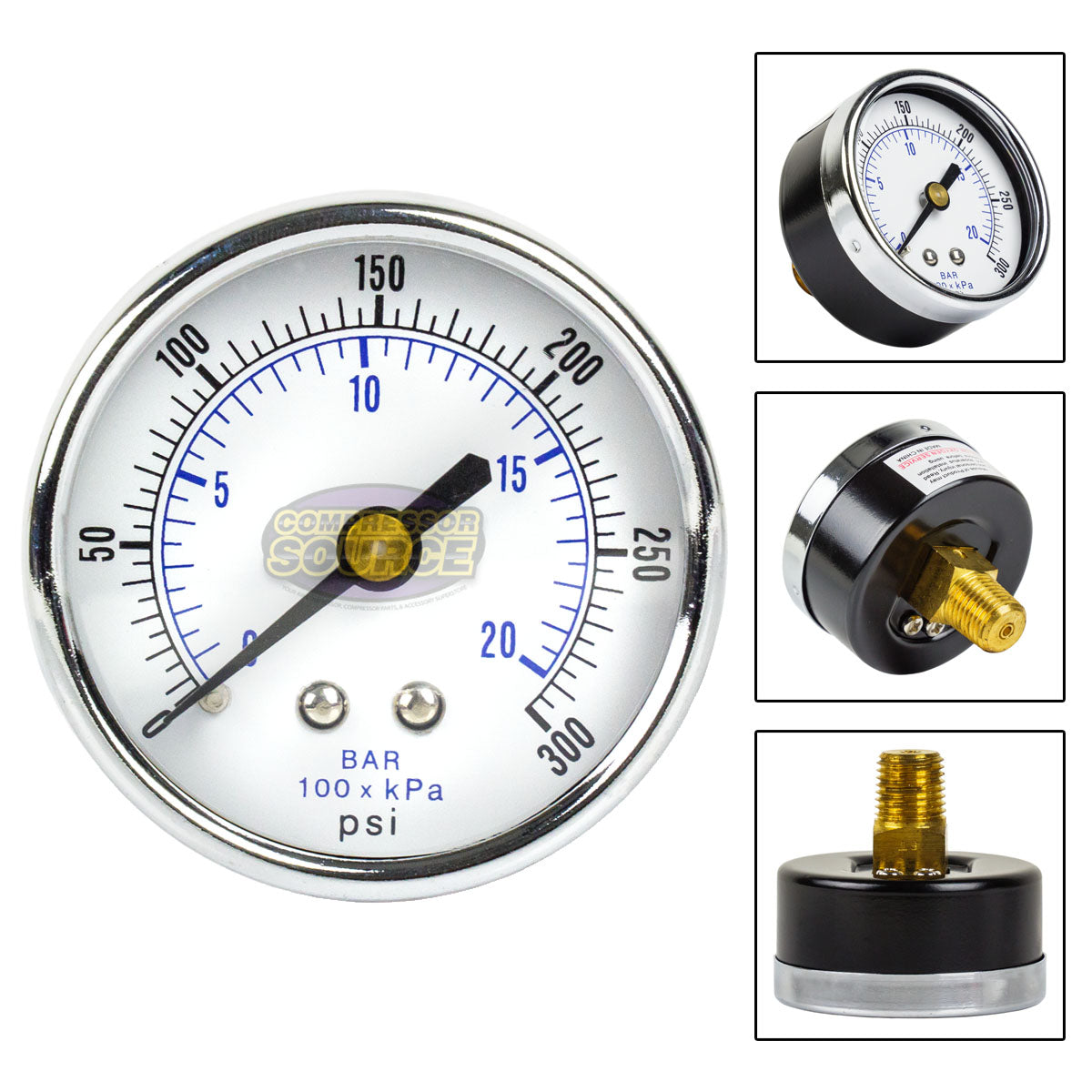 2" Face 1/4" NPT Pressure Gauge 0-300 PSI Back or Rear Center Mount 102D-204H