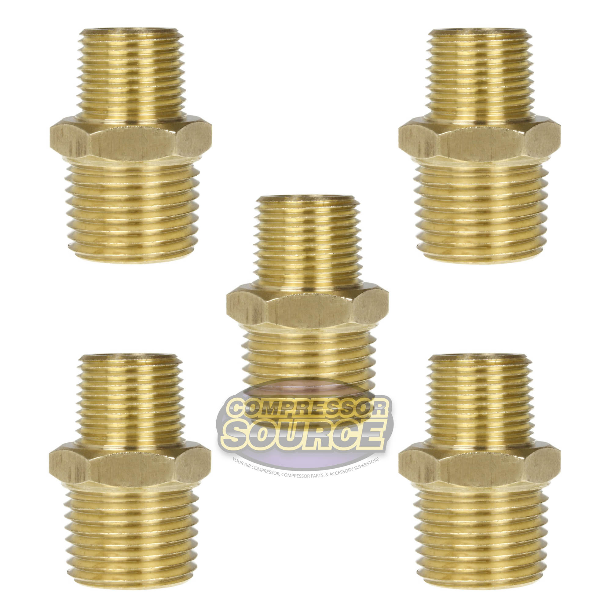 5 Pack 3/8" x 1/4" Male NPTF Pipe Reducing Hex Nipple Solid Brass Pipe Fitting