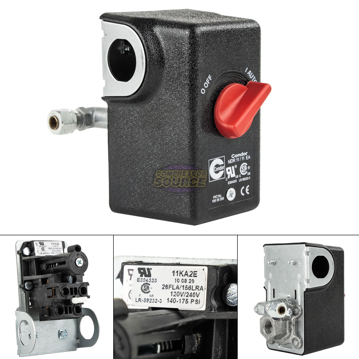 1 Port Pressure Switch 140 - 175 PSI 26 Amp 1/4" FNPT Condor 11KA2E MDR11/11