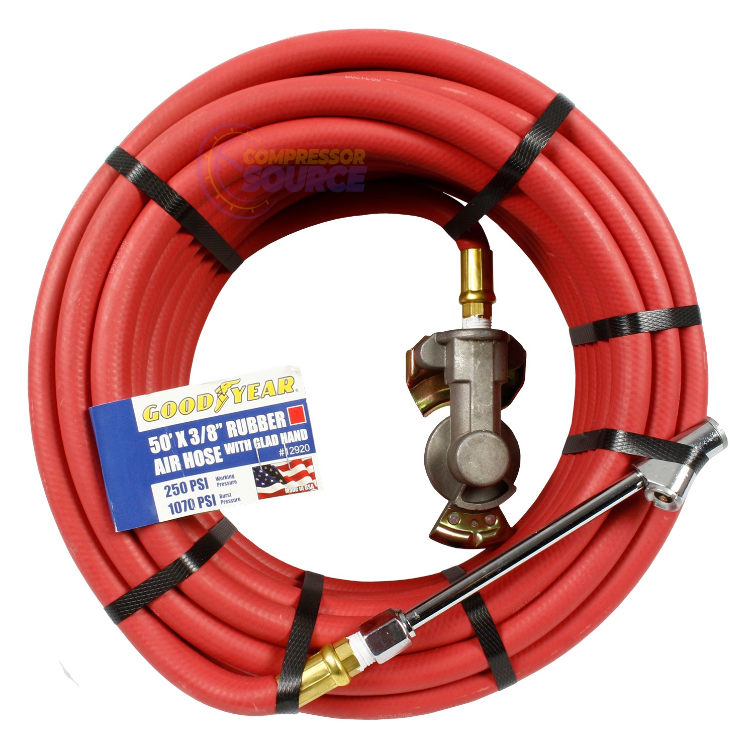 Goodyear Grip 50ft x 3/8in Rubber Air Hose Tire Chuck Universal Glad Hand 12920