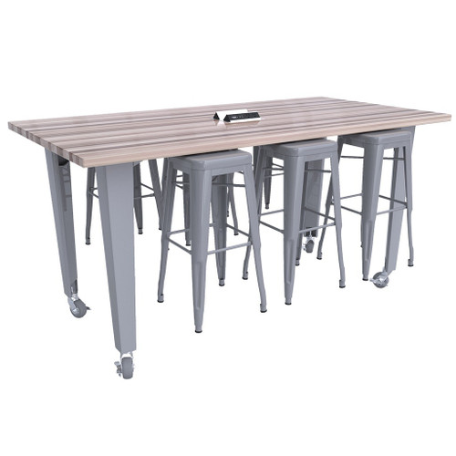 CEF Mobile Workbench, 84"L x 48"W x 34"H, Silver Legs, 6 Silver Stools