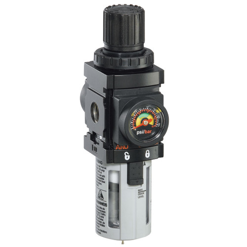 ARO 1500 Series 1/4 in. Filter-Regulator "Piggyback" w/ Poly Bowl, Auto Drain, & Gauge