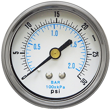 30 PSI 2 BAR Pressure 2" Dia. Dry Panel Mount 1/4" NPT Steel Gauge Tel-Tru 2050BC4B1C6FV