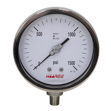 1500 PSI Pressure4" Dia. Dry (Liquid Fillable) 1/4" NPT Stainless Steel Gauge Waaree