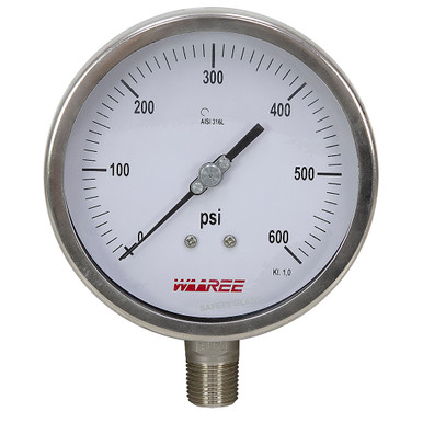 600 PSI Pressure 5" Dia. Dry (Liquid Fillable) Lower Mount 1/2" NPT Stainless Steel Gauge Waaree