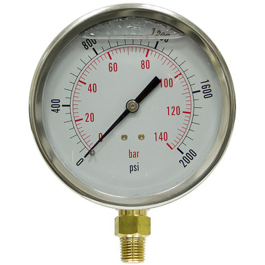 2000 PSI 140 BAR Pressure 4" Liquid Filled Lower Mount 1/4" NPT Stainless Steel Gauge Dynamic PDLC-2P-140-A