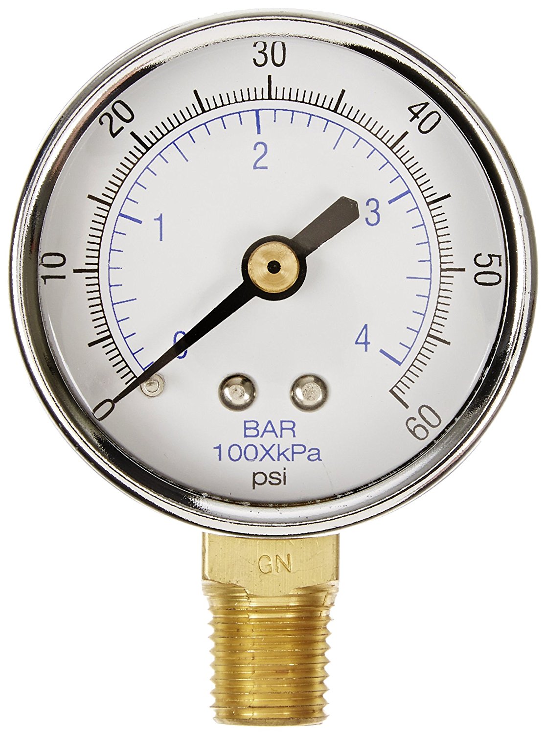 2" Face 1/4" NPT 0 - 60 PSI Pressure Gauge Lower Side Mount