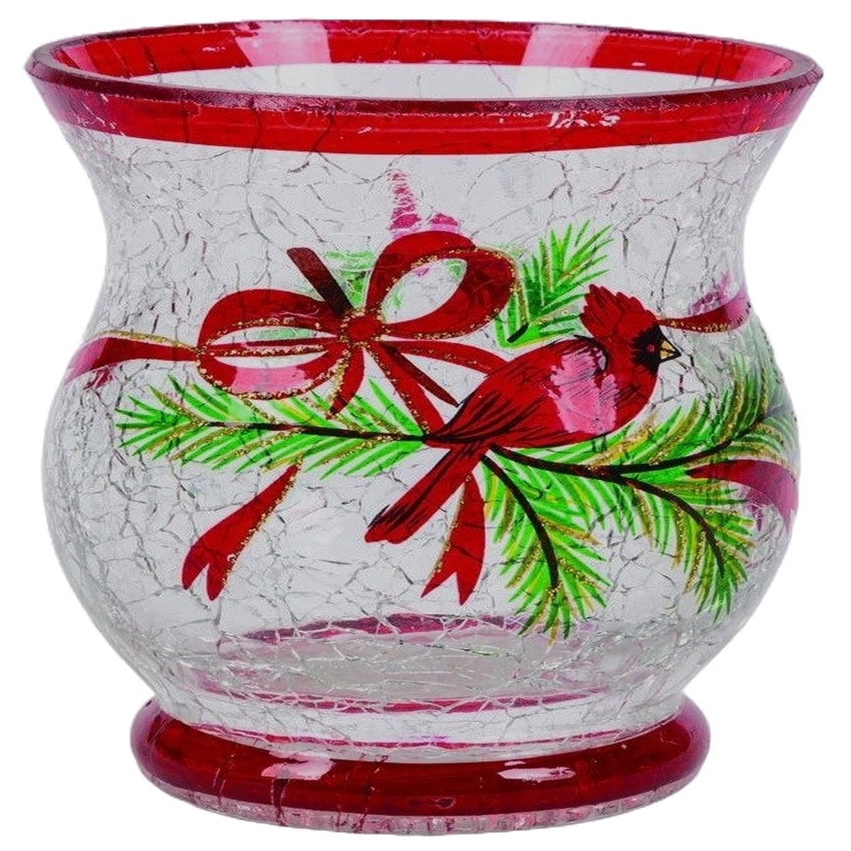 3.5" Hand-Painted Cardinal Crackle Glass Candle Holder