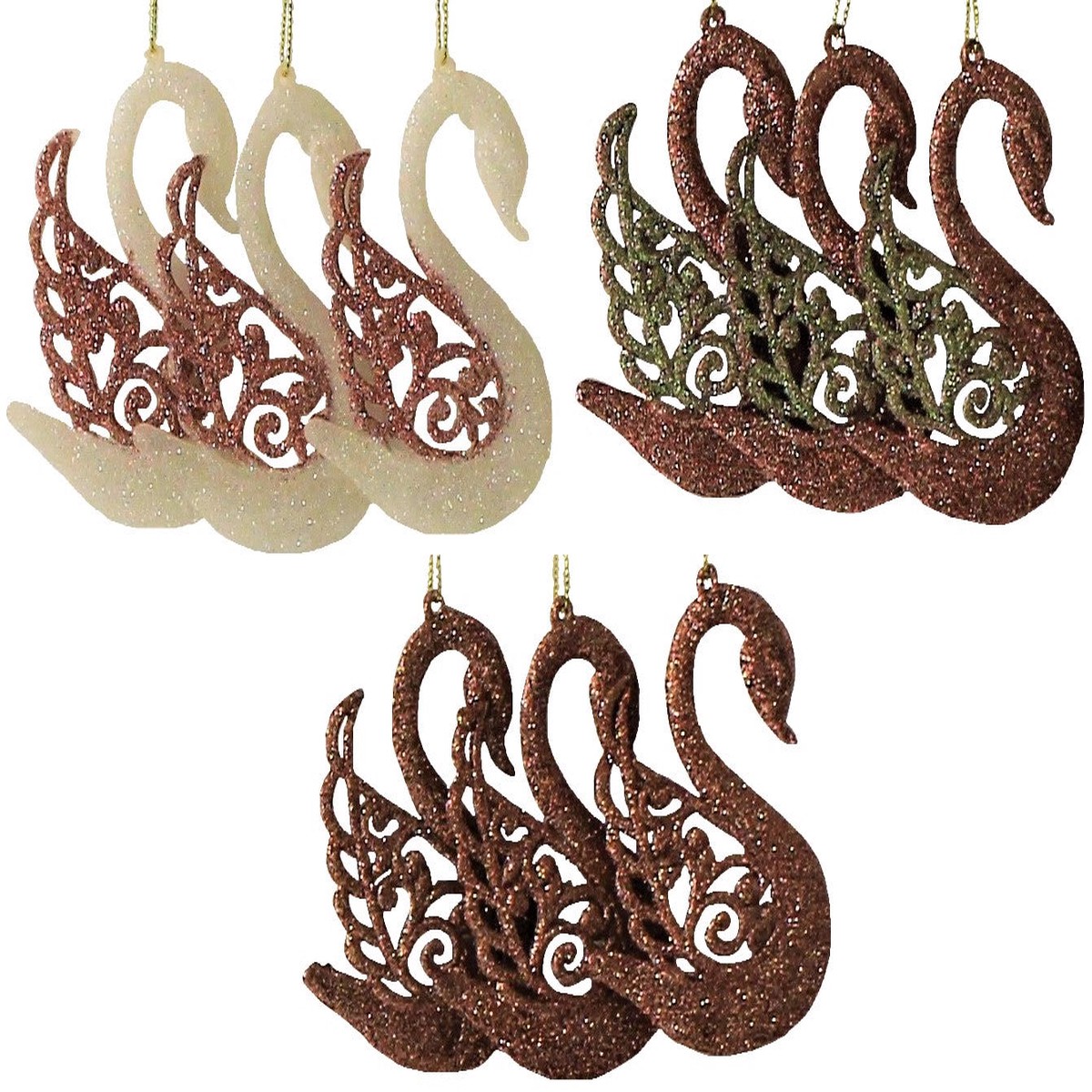 3-Pack of Rose Gold Glitter Swan Ornaments