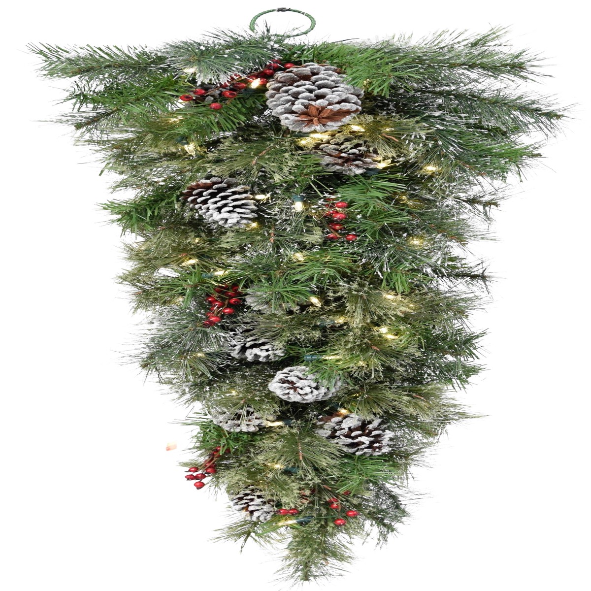 36" Mountain Ridge Tear Drop Swag With Cones, Red Berries & Snowflakes