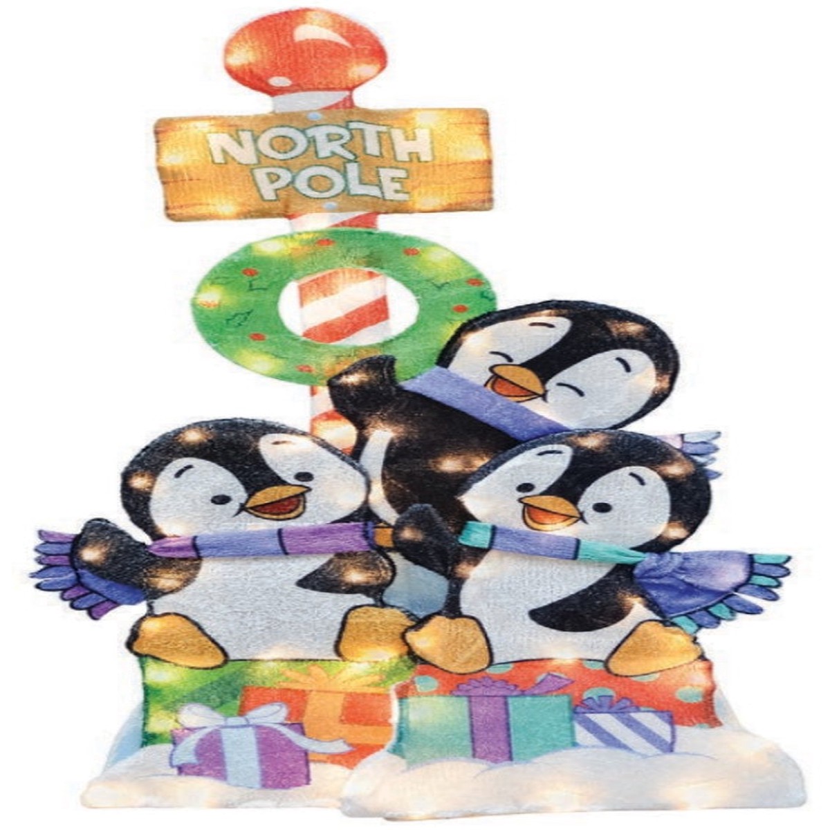 36" Playful Penguins with North Pole Sign Lighted Outdoor Decoration