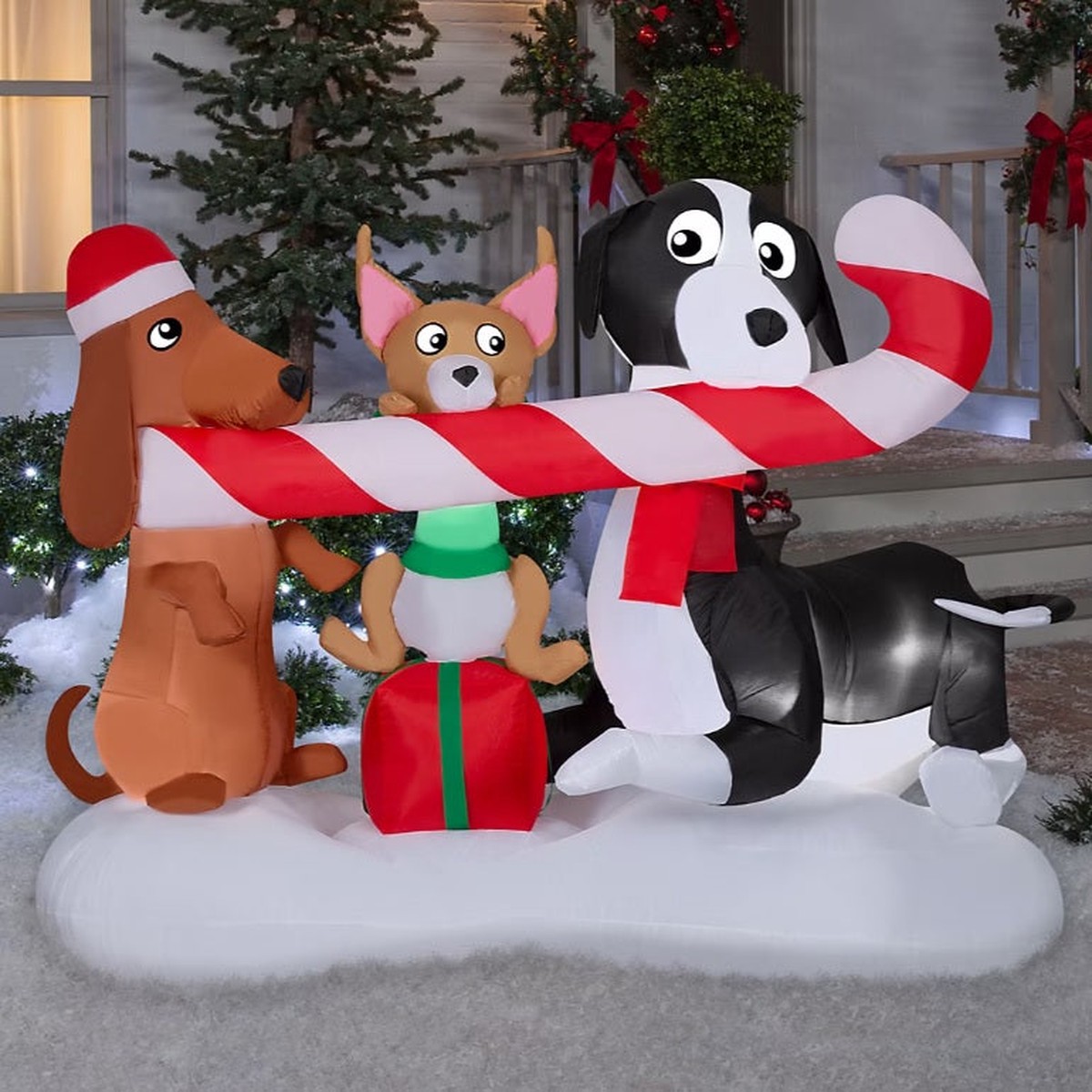 4.5' Airblown Christmas Puppies Sharing Candy Cane Decoration