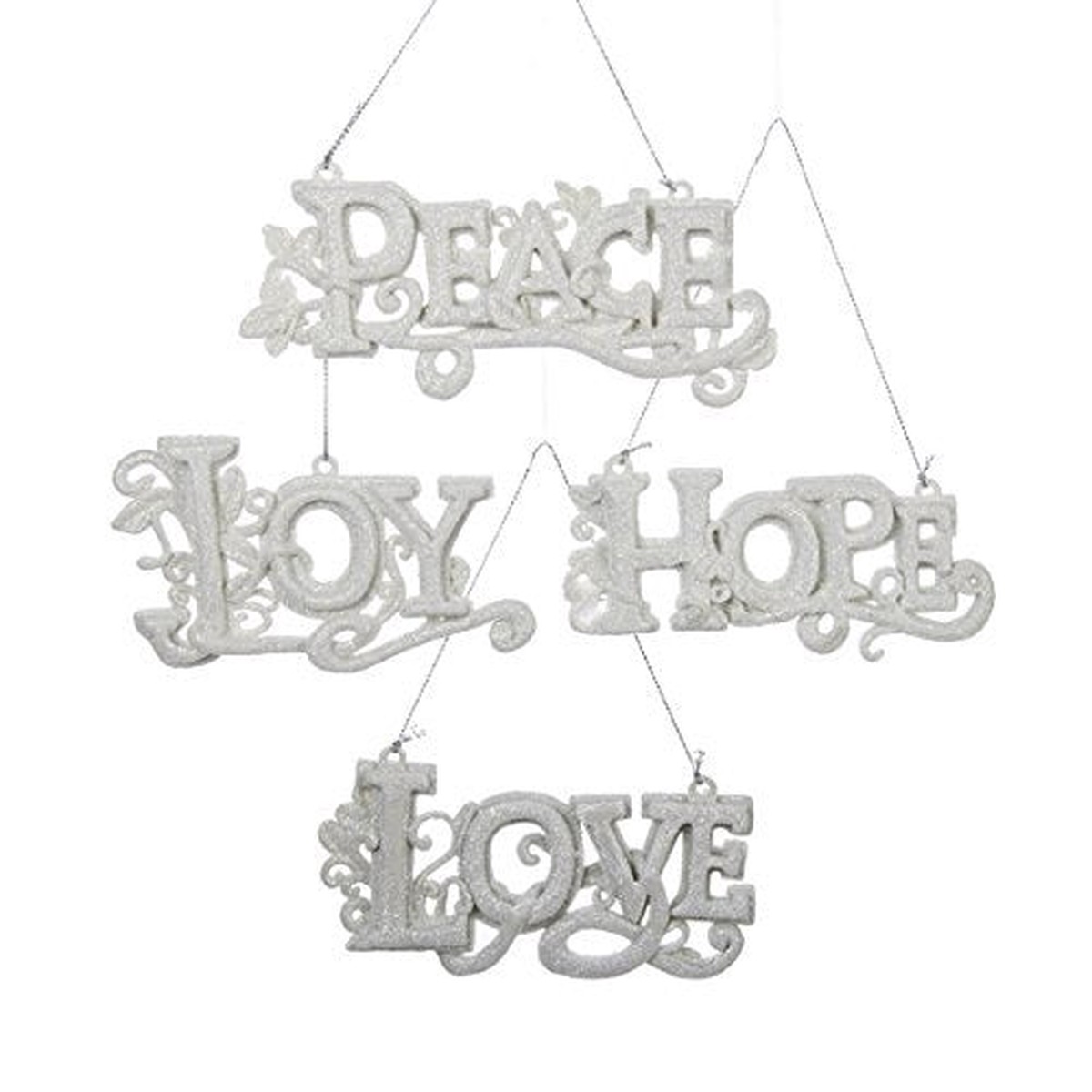 4.5" White Glitter Word Ornament (Love/Hope/Joy/Peace)