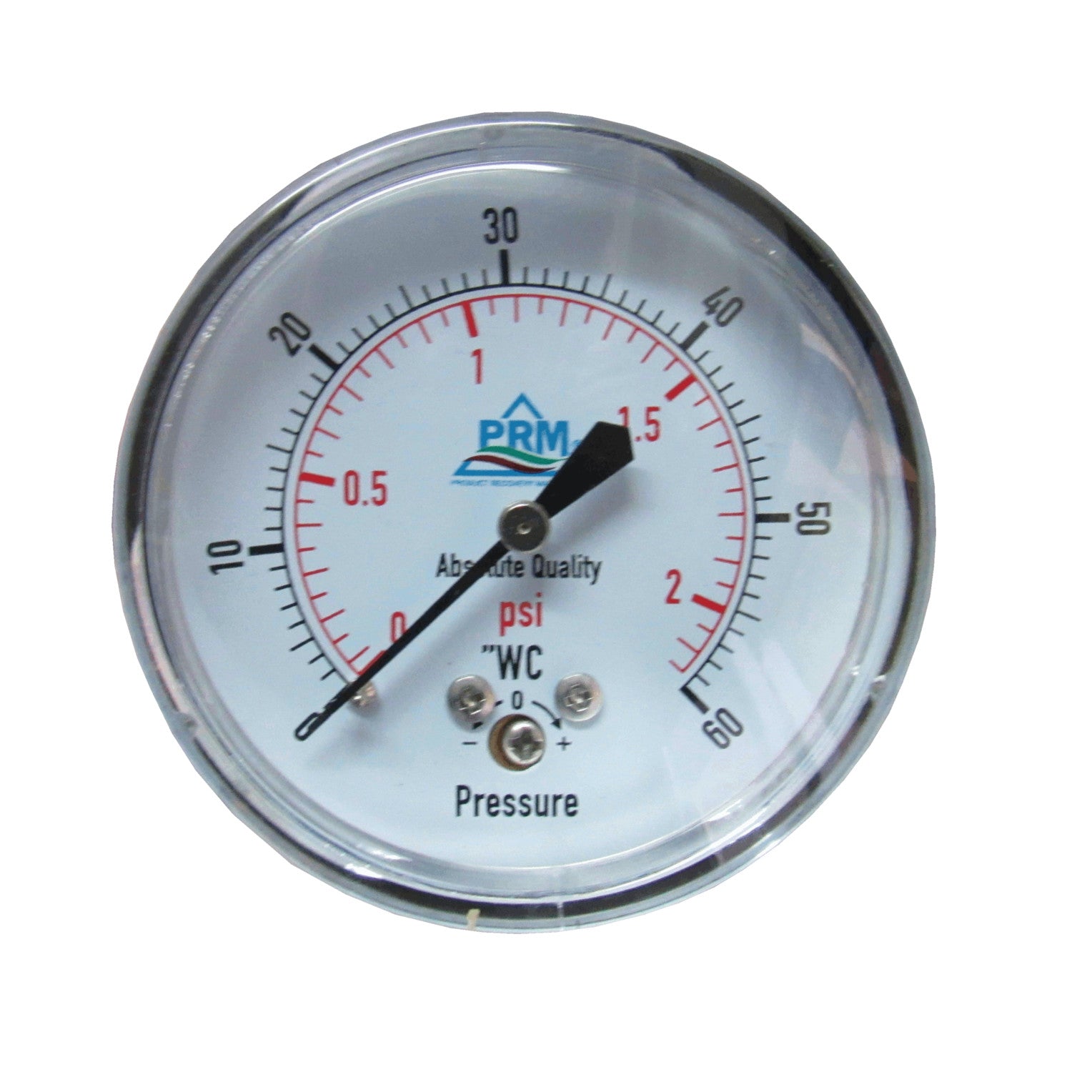 PRM Chrome Case Pressure Gauge with Brass Internals, 0-60"WC, 2-1/2 Inch Dial, 1/4 Inch NPT Back Mount