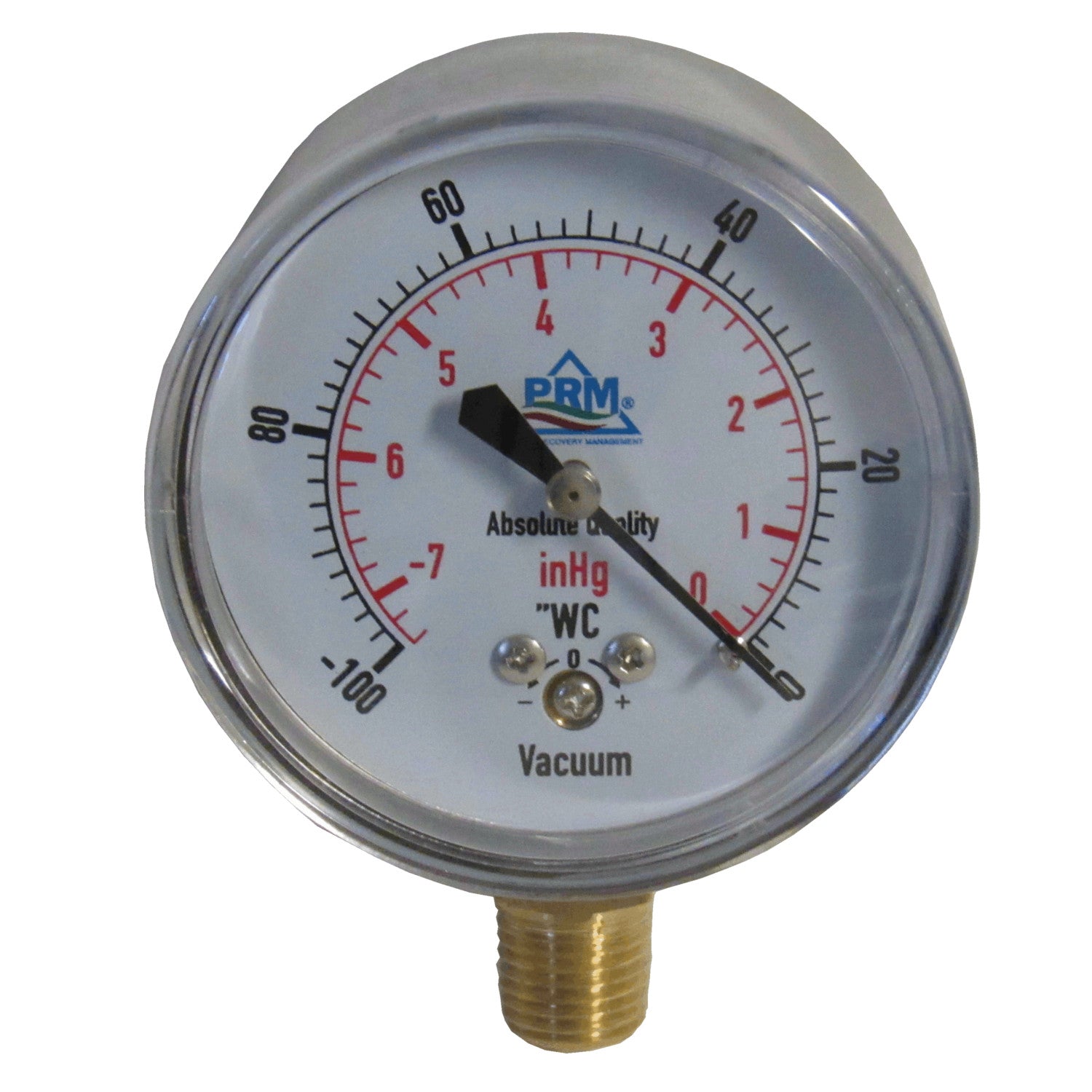 PRM Vacuum Gauge 0 to -100"WC / 0 to -7inHg, 2.5 Inch Chrome Case, Brass Internals 1/4 Inch NPT Bottom Mount, Dry Gauge