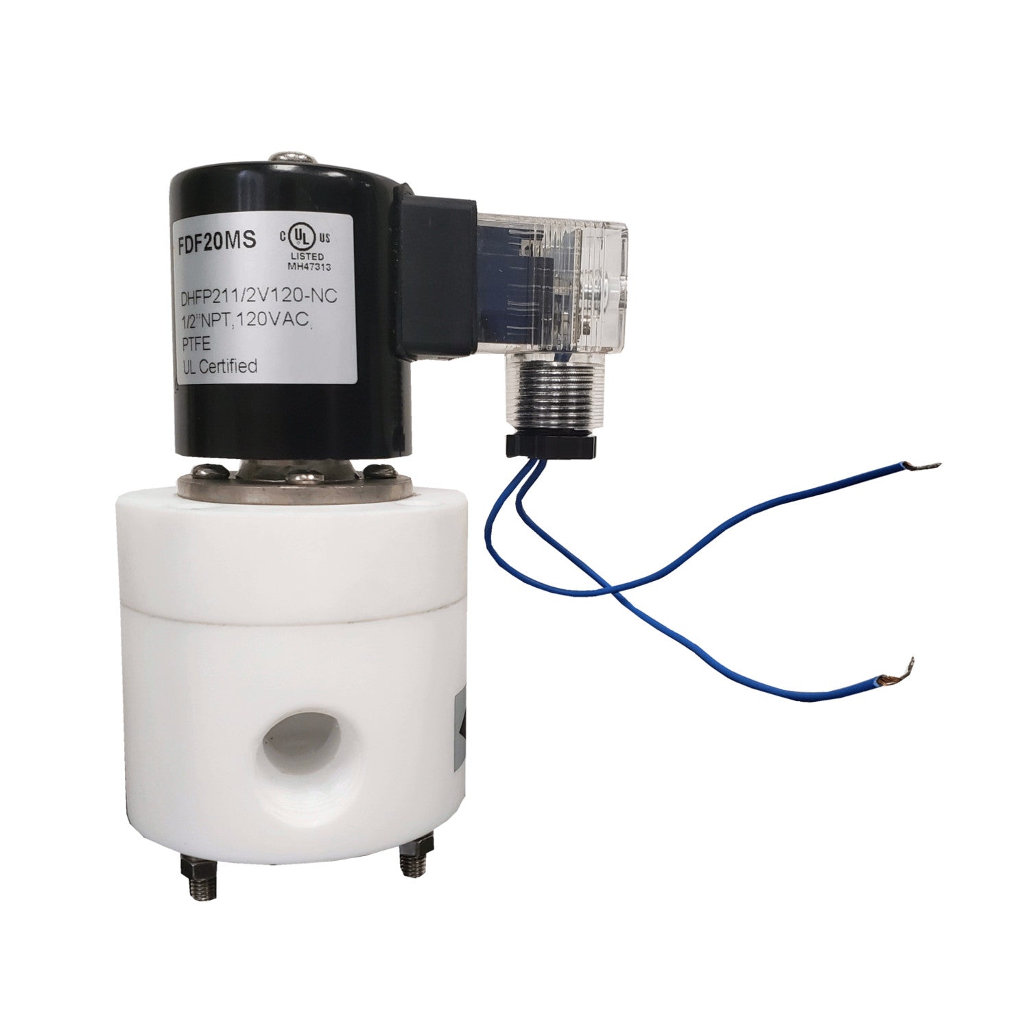 Solenoid Valve, 1/2 Inch NPT, PTFE (Teflon) Body and Seals, 120 VAC Coil
