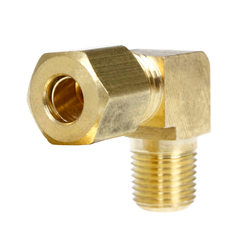 1/4" x 1/8" Tube OD x Male NPTF 90° Degree Barstock Elbow Brass Fitting