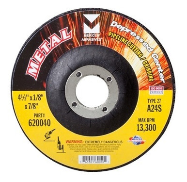 9" x 1/8" x 5/8" - 11 A24S T27 Depressed Center Pipe Cutting and Grinding Wheel - Single Grit, Mercer Abrasives 620210 (10/Pkg.)
