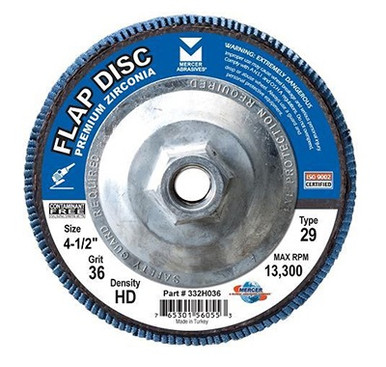 Type 29 High Density Zirconia Flap Discs - 4" x 5/8", Grit: 80, Mercer Abrasives 337080 (10/Pkg.)