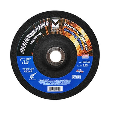 7" x 1/4" x 7/8" AT24R T27 Depressed Center Grinding Wheel for Stainless Steel - Single Grit, Mercer Abrasives 623550 (20/Pkg.)