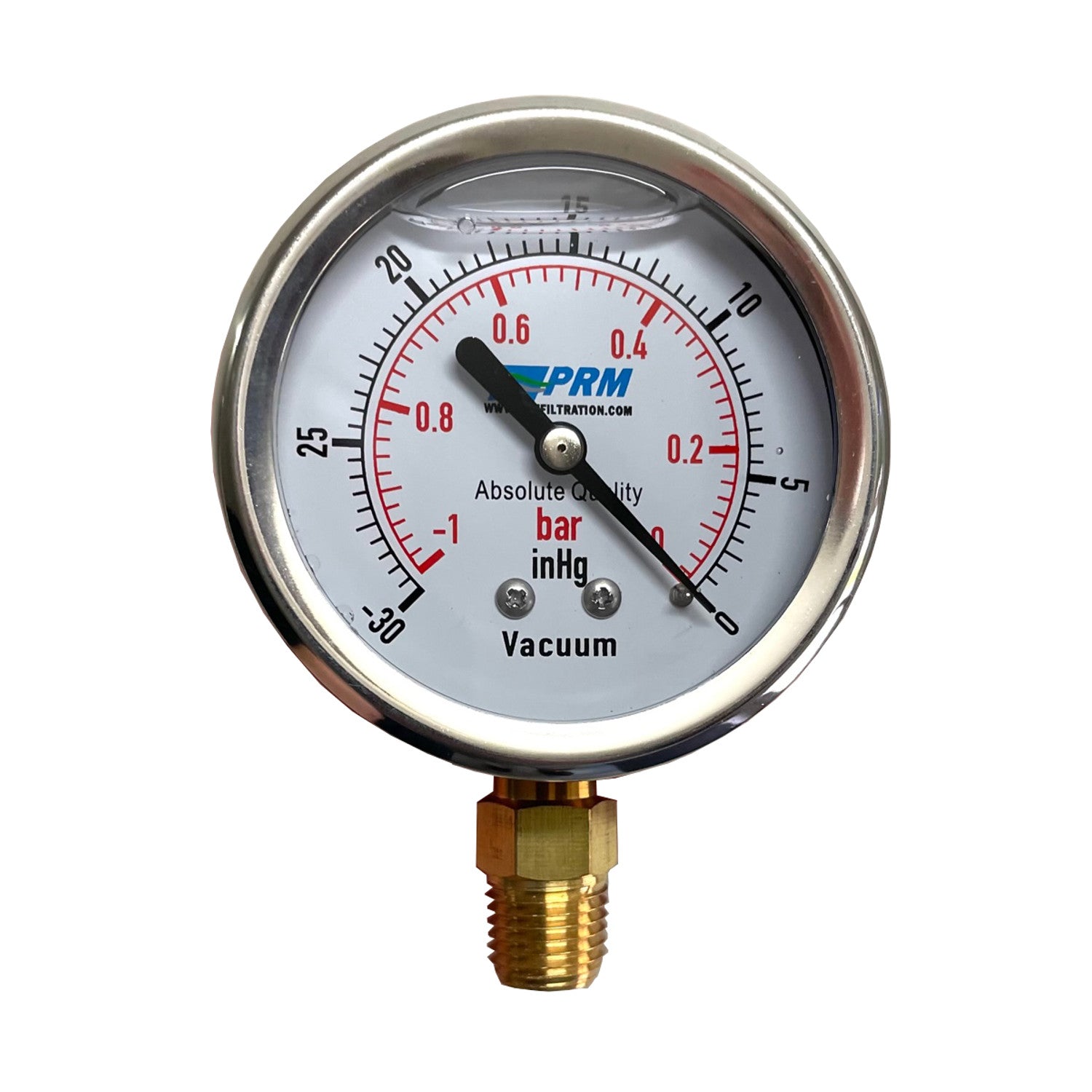 PRM Vacuum Gauge 0 to -30 inHg / 0 to -1 Bar, 2.5 Inch Stainless Steel Case, Brass Internals 1/4 Inch NPT Bottom Mount, Liquid Filled