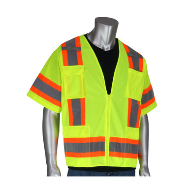 Hi-Vis Yellow 2X Class 3 Solid/Mesh Vest, Zipper, 11 Pockets, Mic Tab, Two Tone Tape, OR Hi-Visibility Vest 303-0500-OR/2X