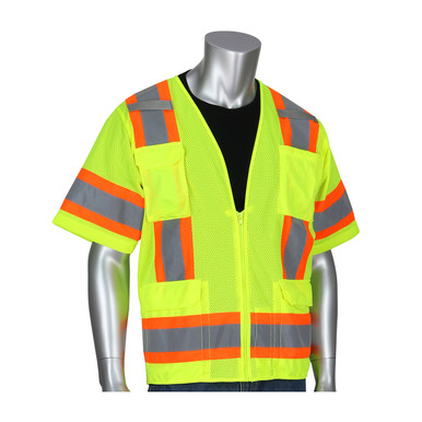 Hi-Vis Yellow 5X Class 3 Mesh Vest, Zipper 11 Pockets, Mic Tab, Two Tone Tape, LY Hi-Visibility Vest 303-0500M-LY/5X