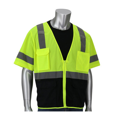 Hi-Vis Yellow 2X Type R Class 3 Black Bottom Mesh 5 Pocket Vest, Mic Tabs, Zipper, LY Hi-Visibility Vest 303-0710B-LY/2X