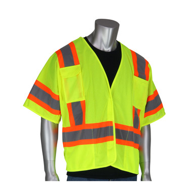 Hi-Vis Yellow 2X Class 3 Mesh Brkwy Vest, 4 pockets, H&L Closure, Two Tone Tape, OR Hi-Visibility Vest 303-5PMTT-OR/2X