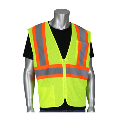 Hi-Vis Yellow L Type R Class 2 SE Treated Mesh Vest Zipper, 2 Pocket, Two Tone Tape,OR Hi-Visibility Vest 305-MVZSE-OR/L
