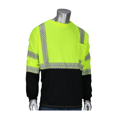 Hi-Vis Yellow L Type R Class 3 Long Sleeve T-Shirt, Segmented Tape, Black Bottom, LY Hi-Visibility Shirt 313-1375B-LY/L
