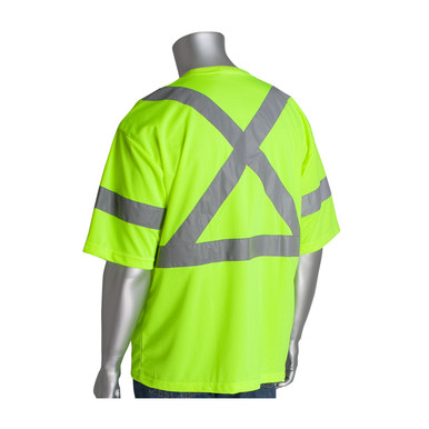 Hi-Vis Yellow L Class 3 Short Sleeve T-shirt, X-Back, Crew Neck, Chest Pocket, LY Hi-Visibility Shirt 313-1400-LY/L