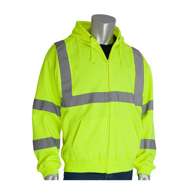 Hi-Vis Yellow XL Class 3 Hooded Sweatshirt, 8oz. Fleece, Zip Front, 2in. Tape, LY Hi-Visibility Sweats 323-HSSELY-XL