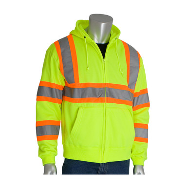 Hi-Vis Yellow 3XL Class 3 Hooded Sweatshirt, 8oz. Fleece, Zip Front, Two Tone, LY Hi-Visibility Sweats 323-HSSPLY-3X