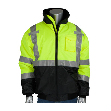 Hi-Vis Yellow 3X Class 3 Bomber Black Trim, Fixed Insulation, Zipper, 2 in. Tape, LY Hi-Visibility Jacket 333-1740-LY/3X