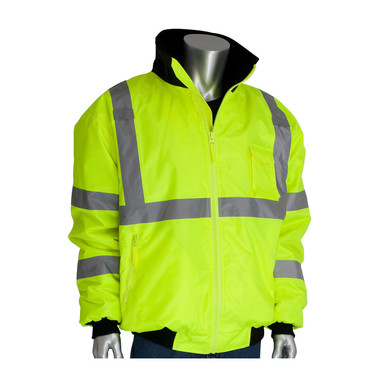 Hi-Vis Yellow S Class 3 Bomber Jacket, Zip-out Fleece Liner, Zipper, 2in. Tape, LY Hi-Visibility Jacket 333-1762-LY/S