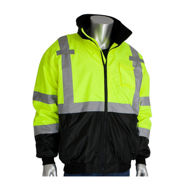 Hi-Vis Yellow L Class 3 Bomber Black Trim, Zip-out Fleece Liner, Zipper, 2in. Tape, LY Hi-Visibility Jacket 333-1766-LY/L