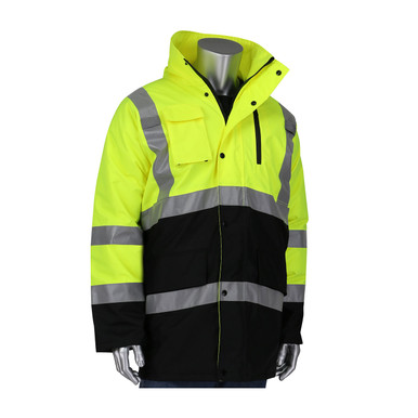 Hi-Vis Yellow 4X Type R Class 3 Hi Vis Blk Bottom Coat, Insulated, 6 pockets, Hood OR Hi-Visibility Coat 343-1750-OR/4X