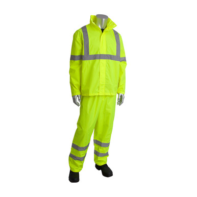 Hi-Vis Yellow XL Class 3 Rainsuit, 2 piece, PU Ctd, Zipper, Hood, Pant, 2in. Tape, LY Hi-Visibility Polyester/PU 353-1000LY-L/XL