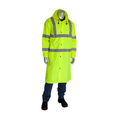 Hi-Vis Yellow 3X Class 3 Rain Coat 48in., PU Ctd, Zipper, Hood, 2in. Tape, LY Hi-Visibility Polyester/PU 353-1048-LY/3X