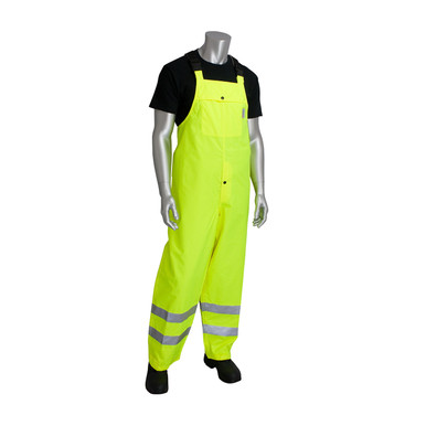 Hi-Vis Yellow M Class E Rain Bib Pant, W/B PU Ctd, High Back with Sus., 2in. Tape, LY Hi-Visibility Polyester/PU 353-2001-LY/M
