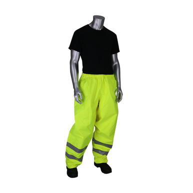 Hi-Vis Yellow 4X Class E Rain Pant, W/B PU Ctd, Elastic Waist with Drawstring, LY Hi-Visibility Polyester/PU 353-2002-LY/4X