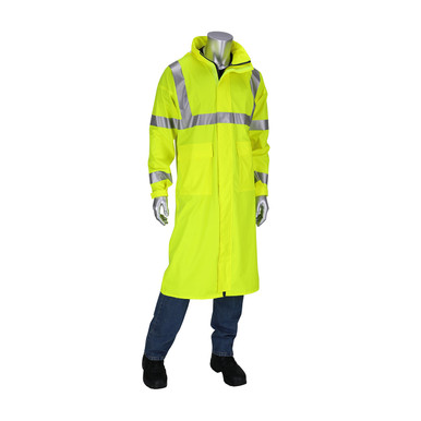 Hi-Vis Yellow M Arc Rated Rain Coat, PU/Cotton, ANSI Class 3, Zip Close, Vent Back, FR Refl. Tape, 16 cal, LY Hi-Visibility Arc-Rated PU/Cotton 355-2505AR-LY/M