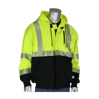 Hi-Vis Yellow XL Arc Rated Hi-Vis ANSI 107 Black Bottom Sweatshirt, Hooded with zip Flame Resistant Shirt 385-1370FR-LY/XL