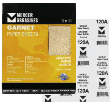 Garnet Sandpaper Sheets - 9 x 11 - A-Weight, Grit: 80A, Mercer Abrasives 205080 (50/Pkg.)