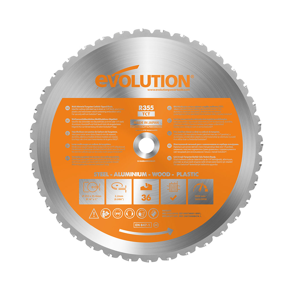 Evolution RAGE355BLADE | 14 in. | 36T | 1 in. Arbor | Multi-Material TCT Blade