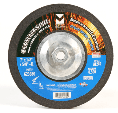 4-1/2" x 1/8" x 5/8"-11 AT24R T27 Depressed Center Pipe Cutting and Grinding Wheel for Stainless Steel - Single Grit, Mercer Abrasives 623620 (20/Pkg.)